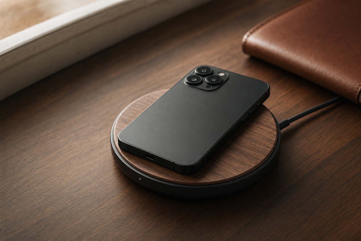 The Charger in walnut with phone resting on the surface