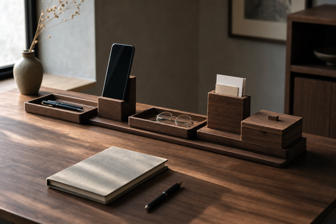 The System modular walnut desk organizer in use