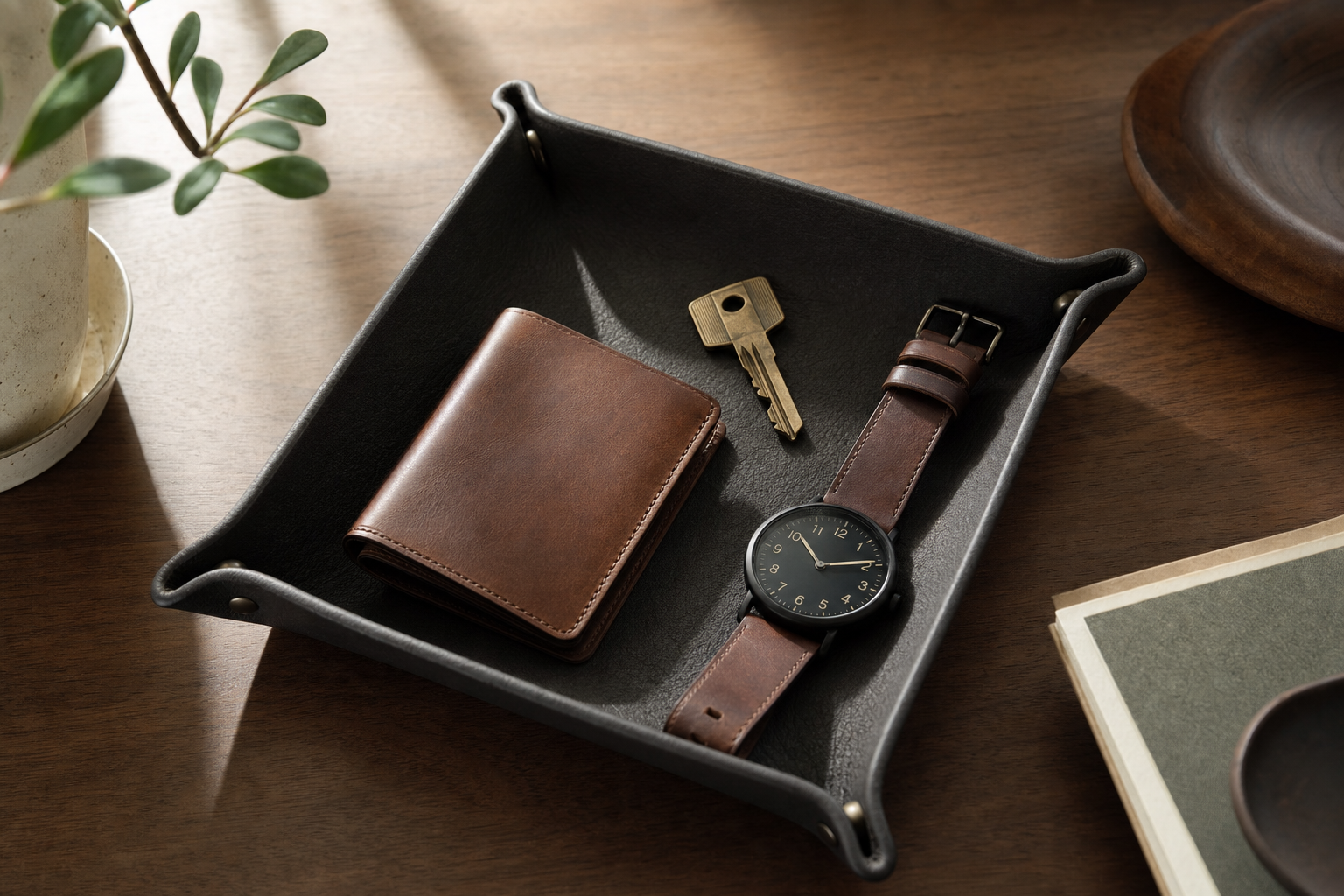 The Tray in leather with keys and watch resting in place
